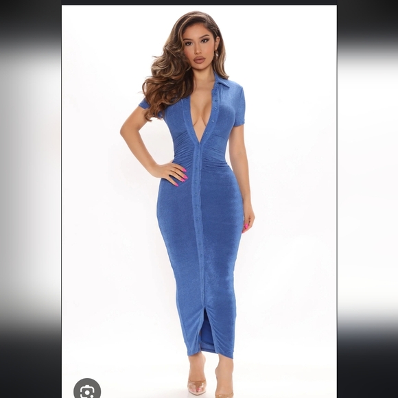 Fashion Nova Dresses & Skirts - Fashion Nova Silky Smooth Slinky Maxi Dress - Royal Blue Button Up Sz M